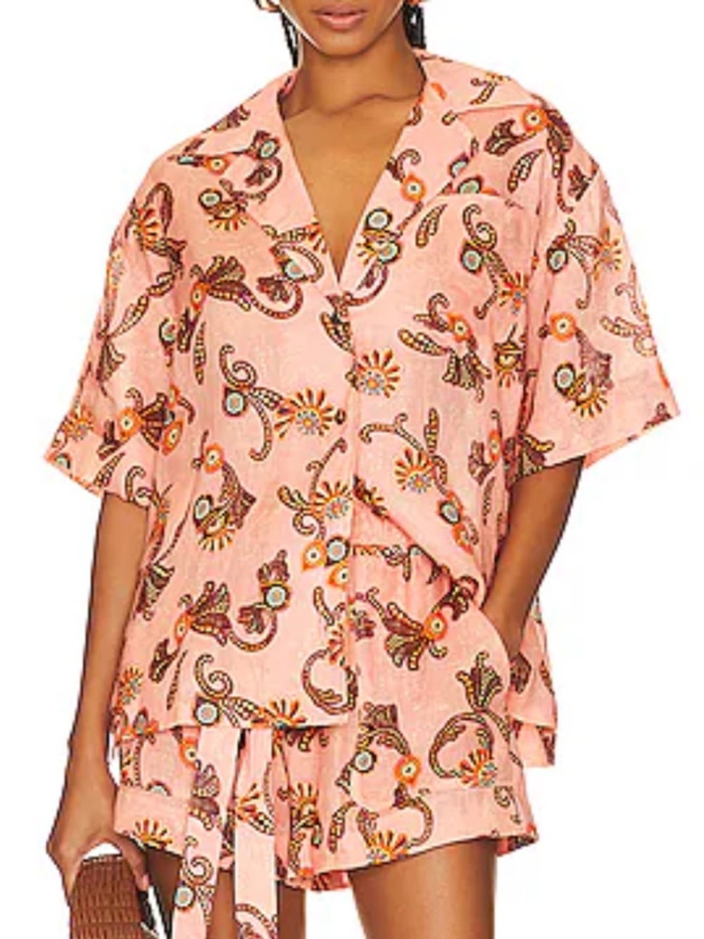 A.L.C Sullivan Set Button Front Top XS Drawstring Shorts 10 Coral Print Linen